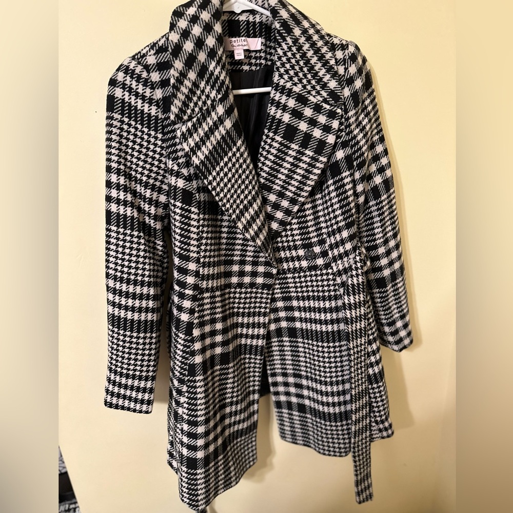 Miss Selfridge petite black and white wrap coat belted US size 4